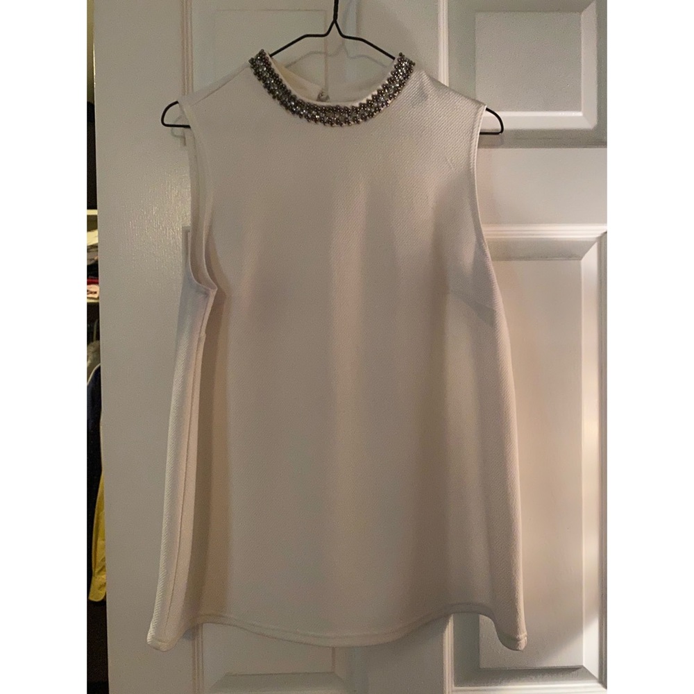 WD.NY White Sleeveless Top-Jeweled Neckline